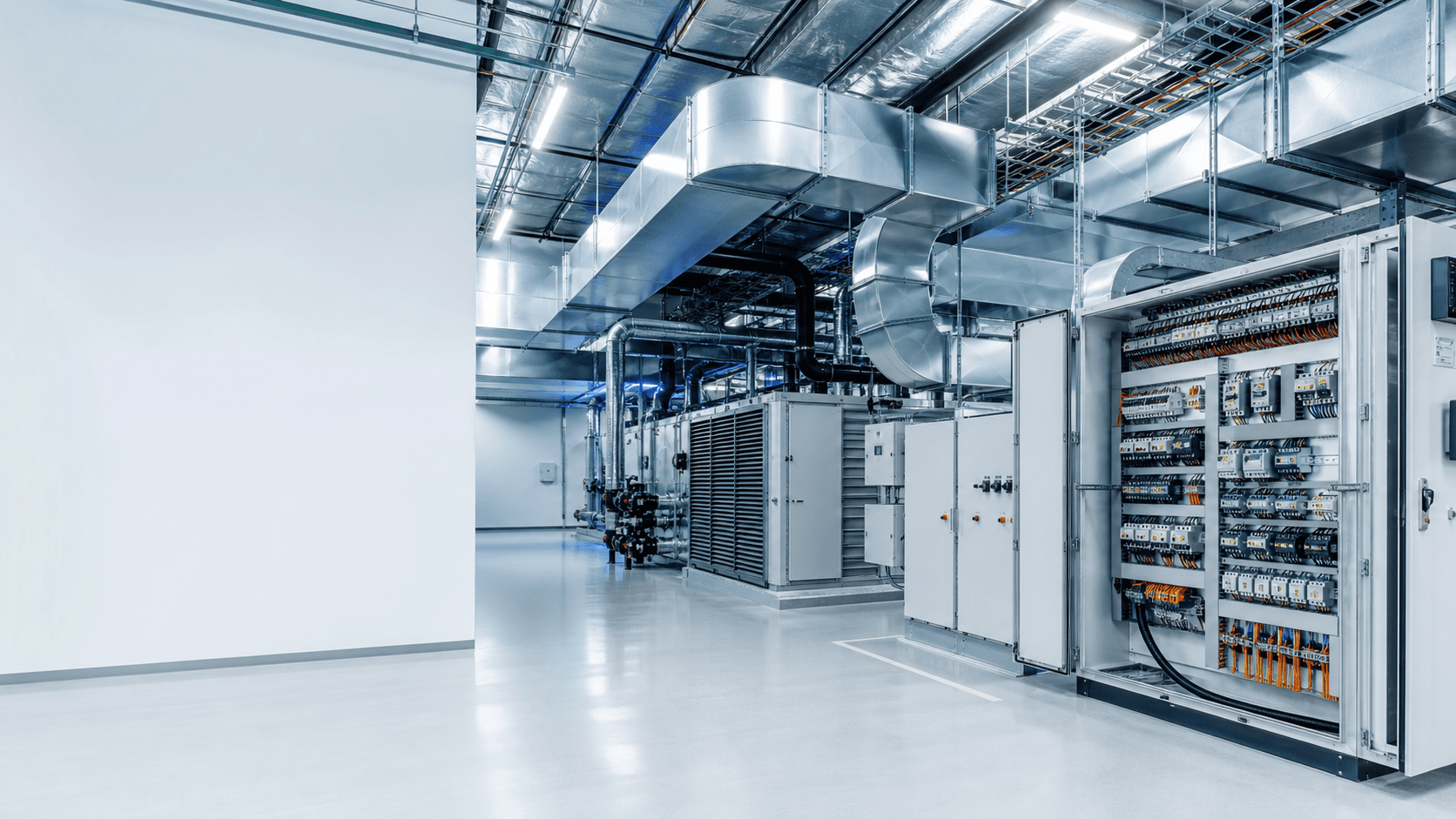 Commercial HVAC plant room and electrical control panels