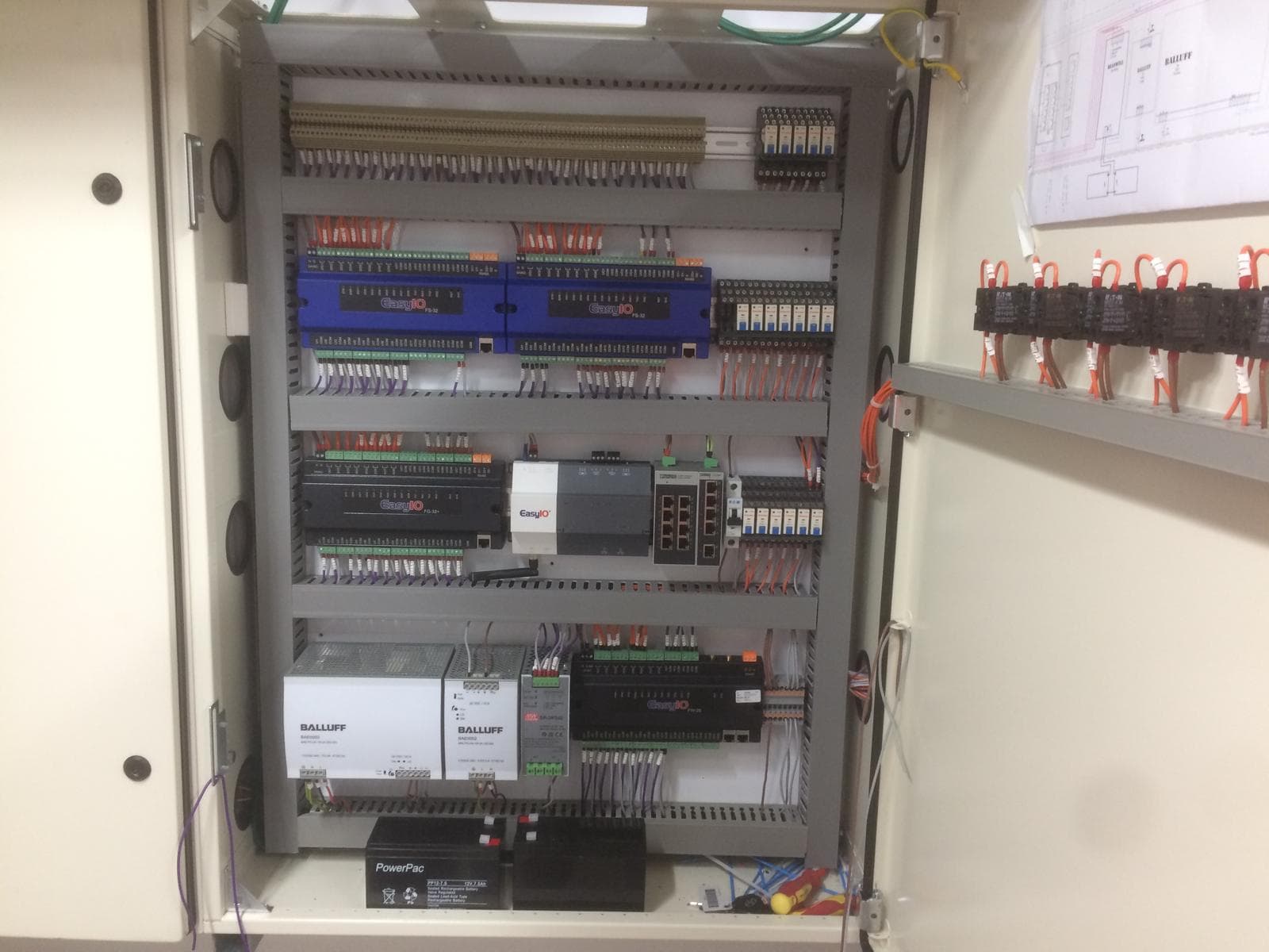 BMS controls cabinet with EasyIO controllers, relays, and network equipment