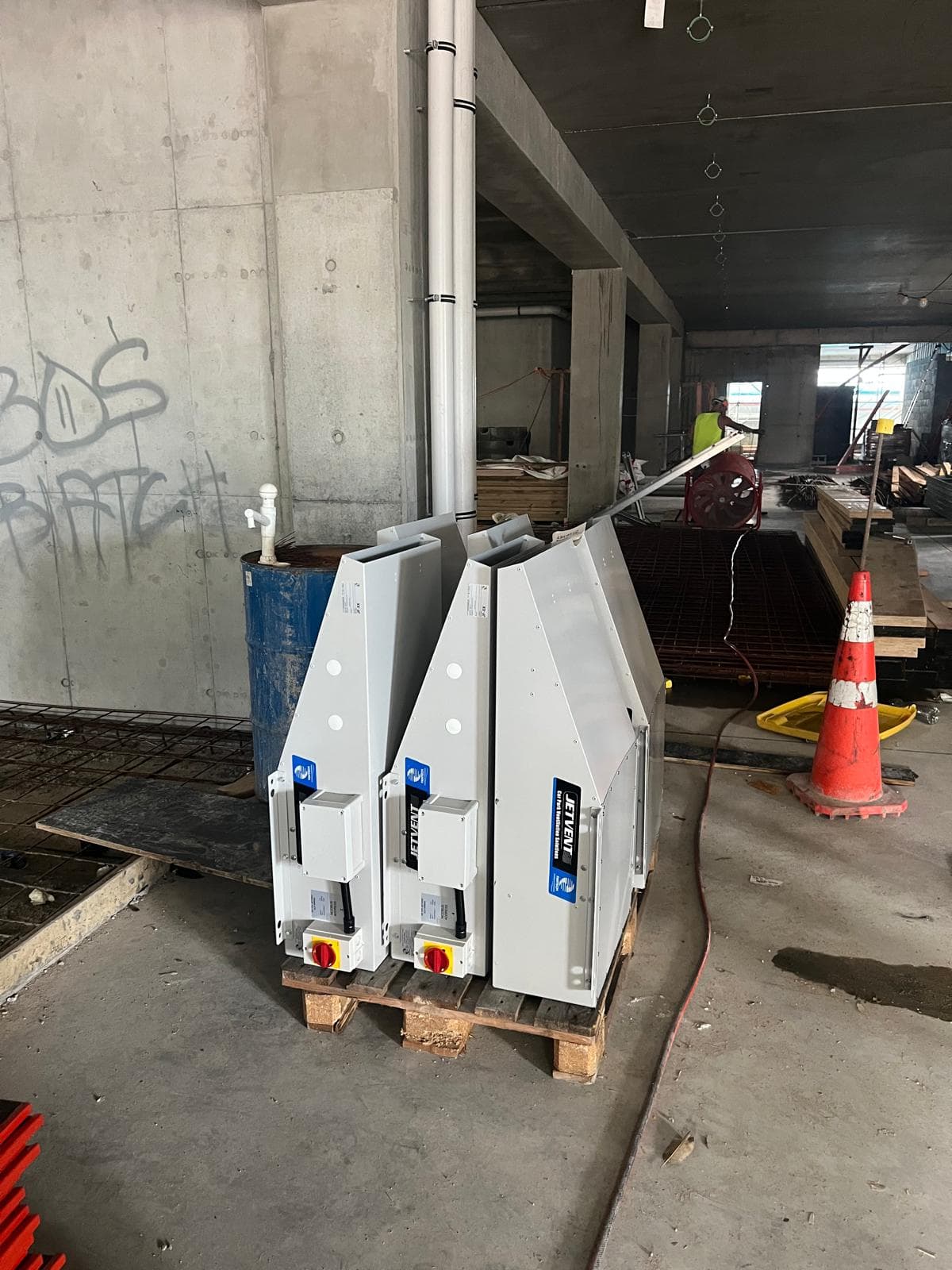 Jetvent ventilation equipment staged on a construction site for installation